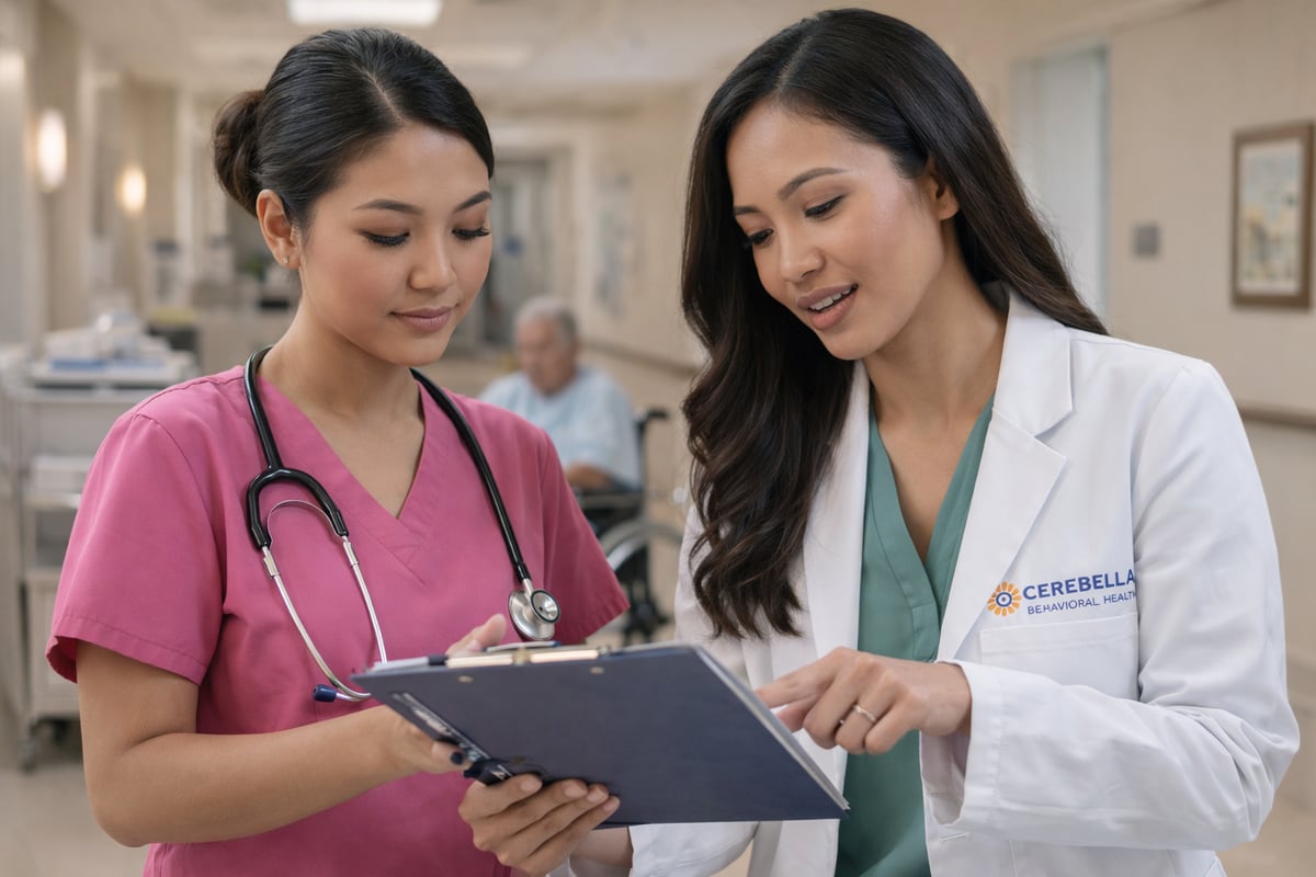 Healthcare professionals discussing patient chart Healthcare professionals discussing patient chart